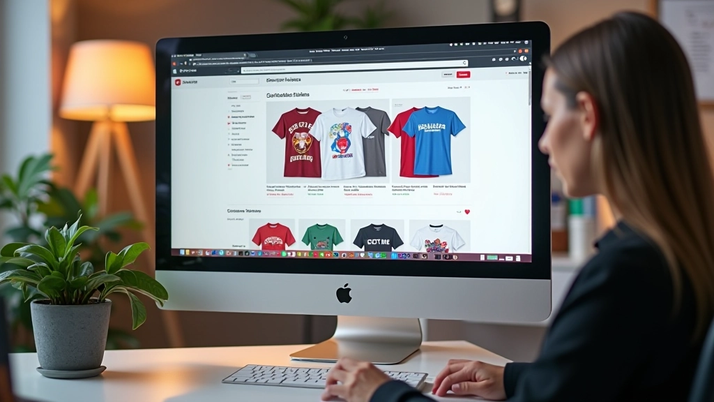Écran d'ordinateur affichant une boutique en ligne avec des t-shirts personnalisés et des designs colorés