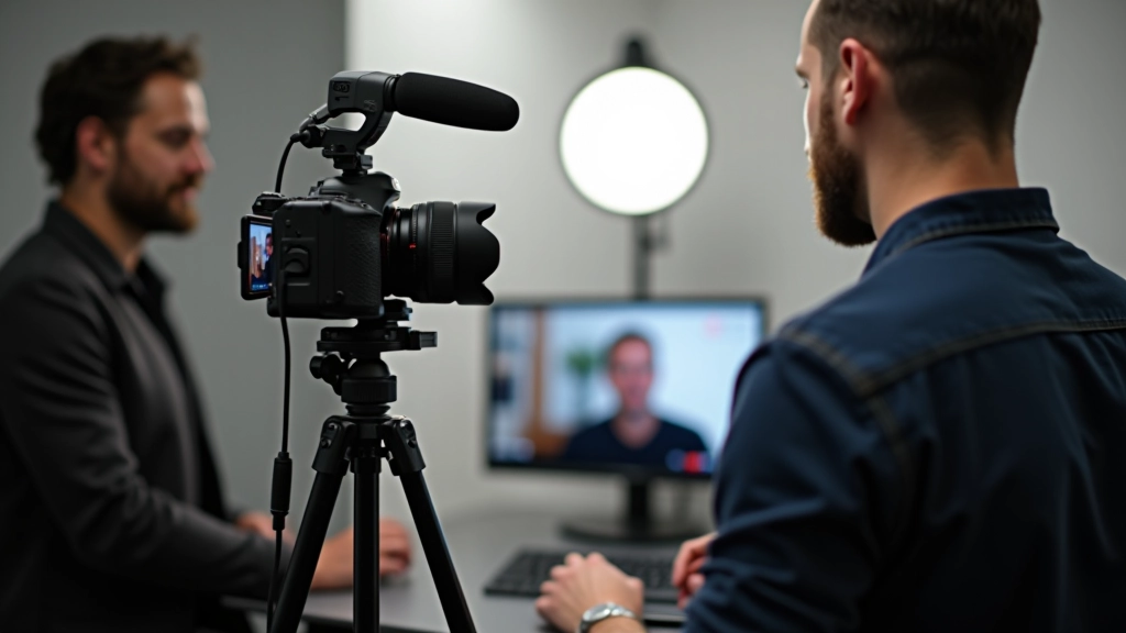 Enregistrement vidéo d'un cours en ligne avec caméra, micro professionnel et éclairage