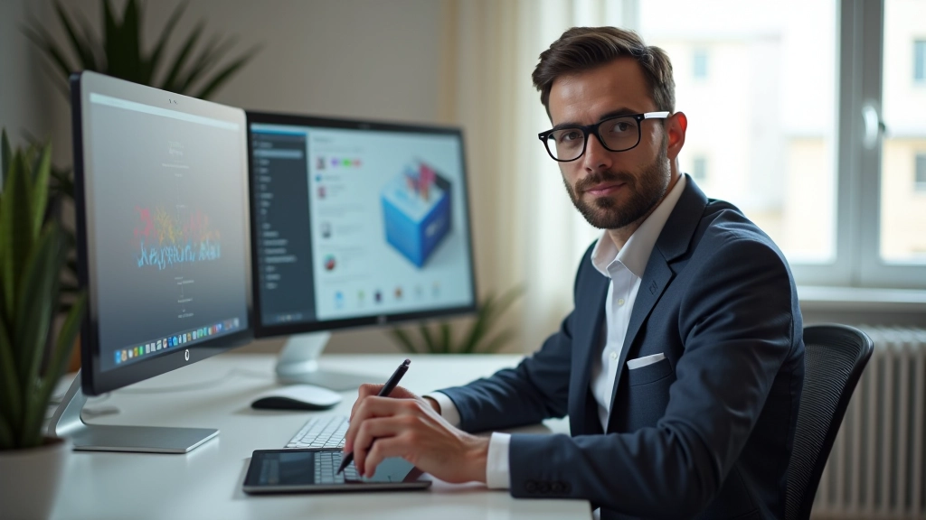 Designer professionnel travaillant sur la création d'un produit numérique avec plusieurs écrans affichant des designs et des documents