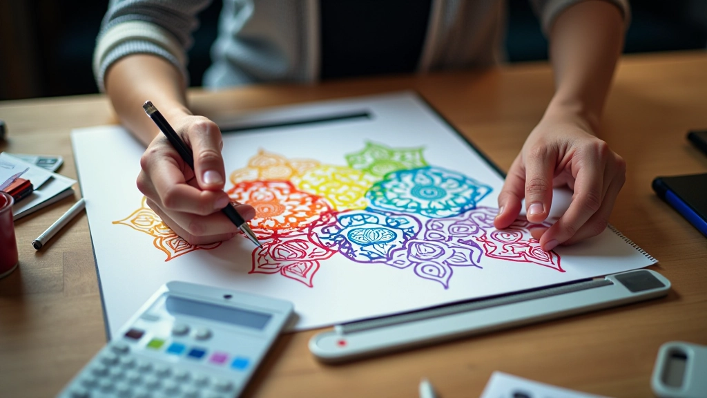 Mains de designer travaillant sur un motif coloré pour un t-shirt en impression à la demande