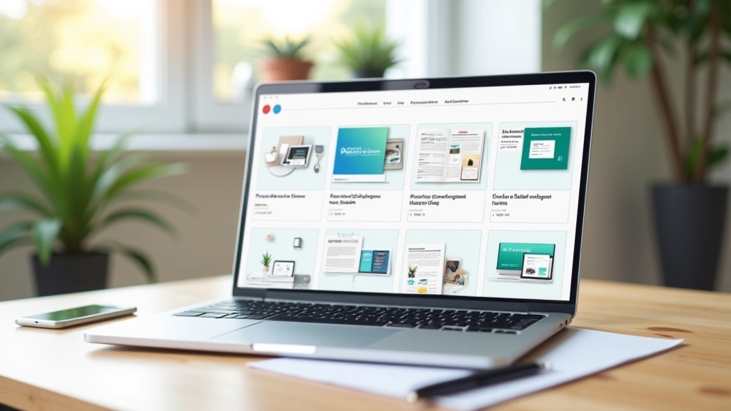 Écran d'ordinateur portable affichant une galerie de modèles numériques et de templates organisés en grille