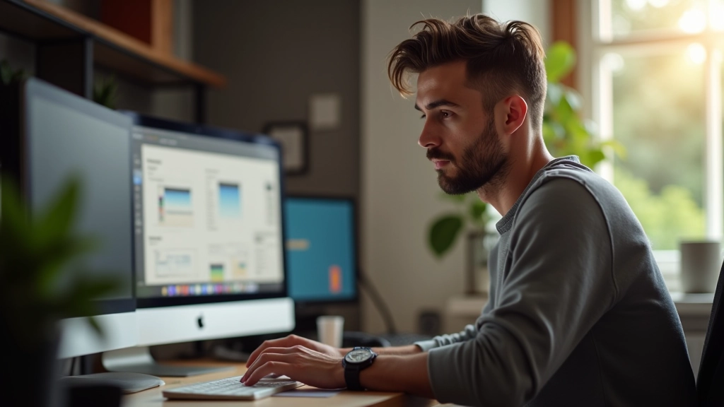 Personne utilisant un logiciel de design graphique sur ordinateur avec outils de création visibles