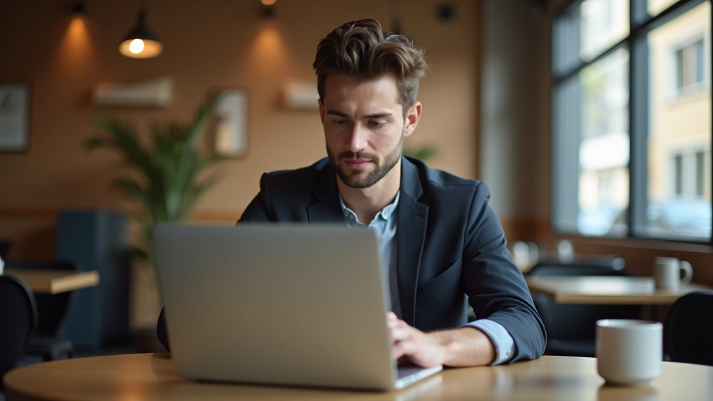 Entrepreneur français travaillant sur son business en ligne depuis un café